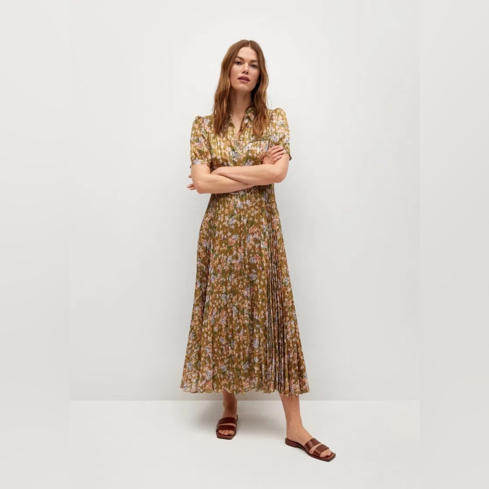 Mango Lurex Pleated Floral Vintage Like Dress NWT
